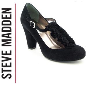 Black Suede “Ingga” Ruffle Block Heels